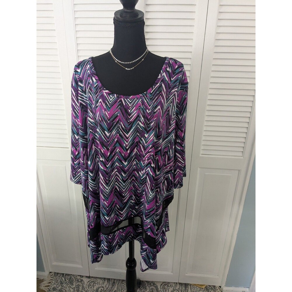 Anthony Richards Top Women 3X Blouse Tunic Black Purple Stretch Mesh Art Chevron